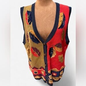 VTG Capacity Colorful Leaf Pattern Women's Sweater Vest Leather Buttons